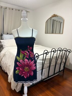 Navy Floral Slip Dress with Pink Bloom